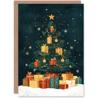 Artery8 Decorated Tree Present Baubles Folk Art Christmas Festive Xmas Card in Green