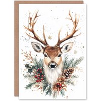 Artery8 Reindeer Head & Pine Cone Holly Christmas Fun Gift Festive Xmas Card in Brown