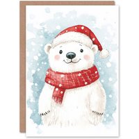Artery8 Cute Polar Bear With Santa Hat & Scarf Christmas Festive Xmas Card in Red