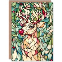 Artery8 Rudolph Red Nose Reindeer Stained Glass Christmas Festive Xmas Card in Green