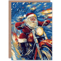 Artery8 Biker Santa Claus on Motorcycle Fun Bold Christmas Festive Xmas Card in Blue