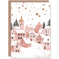 Artery8 Pink Gold Snow Townscape Winter Watercolour Christmas Greeting Card