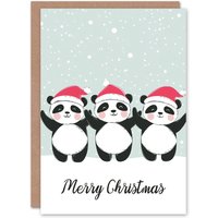 Artery8 Santa Hat Dancing Panda Bear Trio Cute Cartoon Christmas Greeting Card in Light Grey