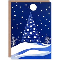 Wee Blue Coo Winter Wonderland Tree Snow Full Moon Night Xmas Christmas Card in Blue