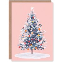 Wee Blue Coo Snow Laden Decorated Tree on Pastel Pink Festive Xmas Christmas Card in Light Pink