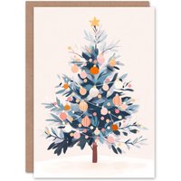 Wee Blue Coo Decorated Tree Pink Orange Baubles Fairy Lights Xmas Christmas Card in White