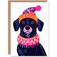Wee Blue Coo Dog Lover Pet Vibrant Winter Hat Scarf Folk Art Xmas Christmas Card