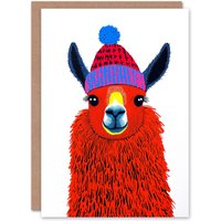 Wee Blue Coo Cute Llama With Winter Hat Bright Vibrant Pop Art Xmas Christmas Card in Red