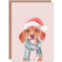 Wee Blue Coo Cute Dachshund Santa Hat Pastel Pink Dog Lover Xmas Christmas Card in Light Pink