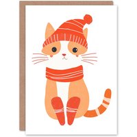 Wee Blue Coo Cute Kitten Winter Hat Modern Orange Cat Lover Xmas Christmas Card