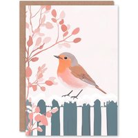 Wee Blue Coo Winter Robin Bird On Garden Fence Watercolour Xmas Christmas Card in Light Pink