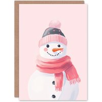 Wee Blue Coo Cute Cosy Snowman Pastel Pink Watercolour Festive Xmas Christmas Card in Light Pink