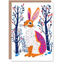 Wee Blue Coo Hare Rabbit in Winter Landscape Modern Folk Art Xmas Christmas Card in White