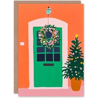 Wee Blue Coo Front Door Wreath Decorated Potted Tree Painting Xmas Christmas Card in Orange