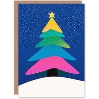 Wee Blue Coo Rainbow Colour Tree Winter Falling Snow Modern Xmas Christmas Card