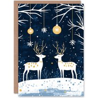 Wee Blue Coo Winter Forest Baubles Reindeer Gold Blue Nordic Xmas Christmas Card in Dark Navy