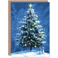 Wee Blue Coo Children Under Large Snow Laden Decorated Tree Xmas Christmas Card in Blue