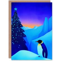 Wee Blue Coo Emperor Penguin Decorated Tree Winter Landscape Xmas Christmas Card in Blue
