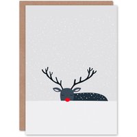 Wee Blue Coo Rudolph Red Nose Reindeer Hiding In Snow Modern Xmas Christmas Card in Grey