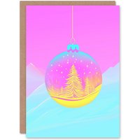 Wee Blue Coo Single Bauble Vibrant Pink Yellow Forest Trees Xmas Christmas Card