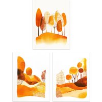 Artery8 Set of 3 Abstract Autumn Trees Forest Landscapes 12X16" Art Prints in Orange | Size: W12" x H16"