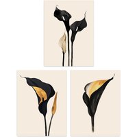 Artery8 Set of 3 Abstract Black Gold Calla Lily Flowers A4 Size Art Prints | Size: W12" x H16"