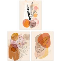 Artery8 Set of 3 Mid Century Modern Leaves Fronds 12X16" Wall Art Prints in Beige | Size: W12" x H16"