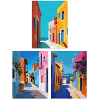 Artery8 Set of 3 Colourful Greek Coastal Street Paintings A4 Size Art Prints in Blue | Size: W12" x H16"