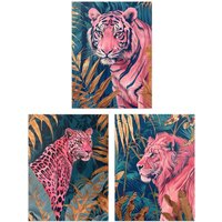 Artery8 Set of 3 Pink Tiger Leopard Lion Gold Teal Jungle A4 Size Art Prints | Size: W12" x H16"