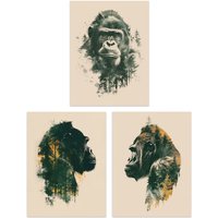 Artery8 Set of 3 Double Exposure Gorilla Ape Forest 12X16" Wall Art Prints in Green | Size: W12" x H16"