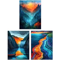 Artery8 Set of 3 Vibrant Sunset Mountain Landscapes 12X16" Wall Art Prints in Blue | Size: W12" x H16"