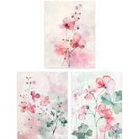 Artery8 Set of 3 Light Watercolour Geranium Flowers 12X16" Wall Art Prints in Light Pink | Size: A4