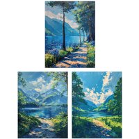Artery8 Set of 3 Loch Katrine Scottish Highlands Painting A4 Size Art Prints in Blue