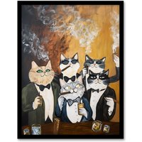 Artery8 Tuxedo Cat Lover Drinking Smoking Bachelor Party Framed Art Print in Mustard | Size: A4