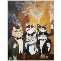 Artery8 Tuxedo Cat Lover Drinking Smoking Bachelor Party Wall Art Print in Mustard | Size: W18" x H24"