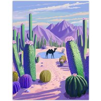 Artery8 Desert Oasis Cacti Camel Purple Green Landscape Wall Art Print | Size: W12" x H16"