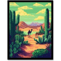 Artery8 Camels in Desert Cacti Oasis Pixel Art Landscape Framed Art Print in Green | Size: A4