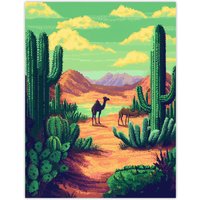 Artery8 Camels in Desert Cacti Oasis Pixel Art Landscape Wall Art Print in Green | Size: W18" x H24"