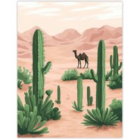 Artery8 Camel in Pastel Pink Desert Sand Dunes & Cacti Wall Art Print in Beige | Size: W18" x H24"