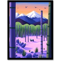 Artery8 Panda Bear Bamboo Forest Japan Mountain Landscape Framed Art Print | Size: A4