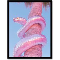 Artery8 Shiny Chrome Pink Snake Wrapped On Palm Tree Bark Framed Art Print | Size: A4