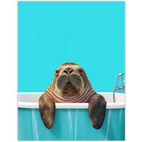 Artery8 Bath Time Cute Walrus in Bathtub Vibrant Fun Wall Art Print in Blue | Size: W18" x H24"