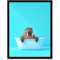 Artery8 Cute Cartoon Walrus in Bathtub Bath Time Vibrant Framed Art Print in Blue | Size: A4