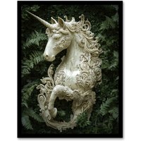Artery8 Filigree Marble Unicorn Statue Fern Frond Leaves Framed Art Print in Green | Size: A4