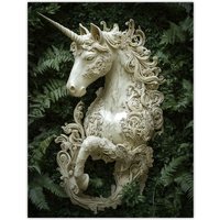 Artery8 Filigree Marble Unicorn Statue Fern Frond Leaves Wall Art Print in Green | Size: W12" x H16"