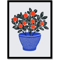 Artery8 Teaberry Red Berry Potted Plant Blue Red Bright Framed Art Print in Orange | Size: A4