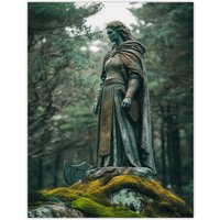 Artery8 Viking Shield Maiden Warrior Statue in Forest Wall Art Print in Green | Size: W12" x H16"