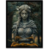 Artery8 Norse Shield Maiden Warrior Bust Statue in Forest Framed Art Print in Green | Size: W12" x H16"