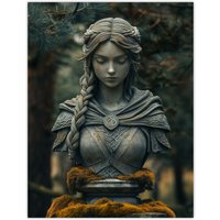 Artery8 Norse Shield Maiden Warrior Bust Statue in Forest Wall Art Print in Green | Size: W18" x H24"