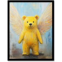 Artery8 Cute Yellow Teddy Bear With Wings Oil Painting Framed Art Print | Size: W12" x H16"